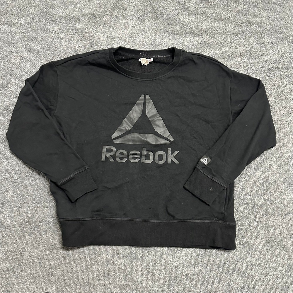 Reebok Sweatshirt Womens Size XL Black Logo Graphic Relaxed Cropped Pullover